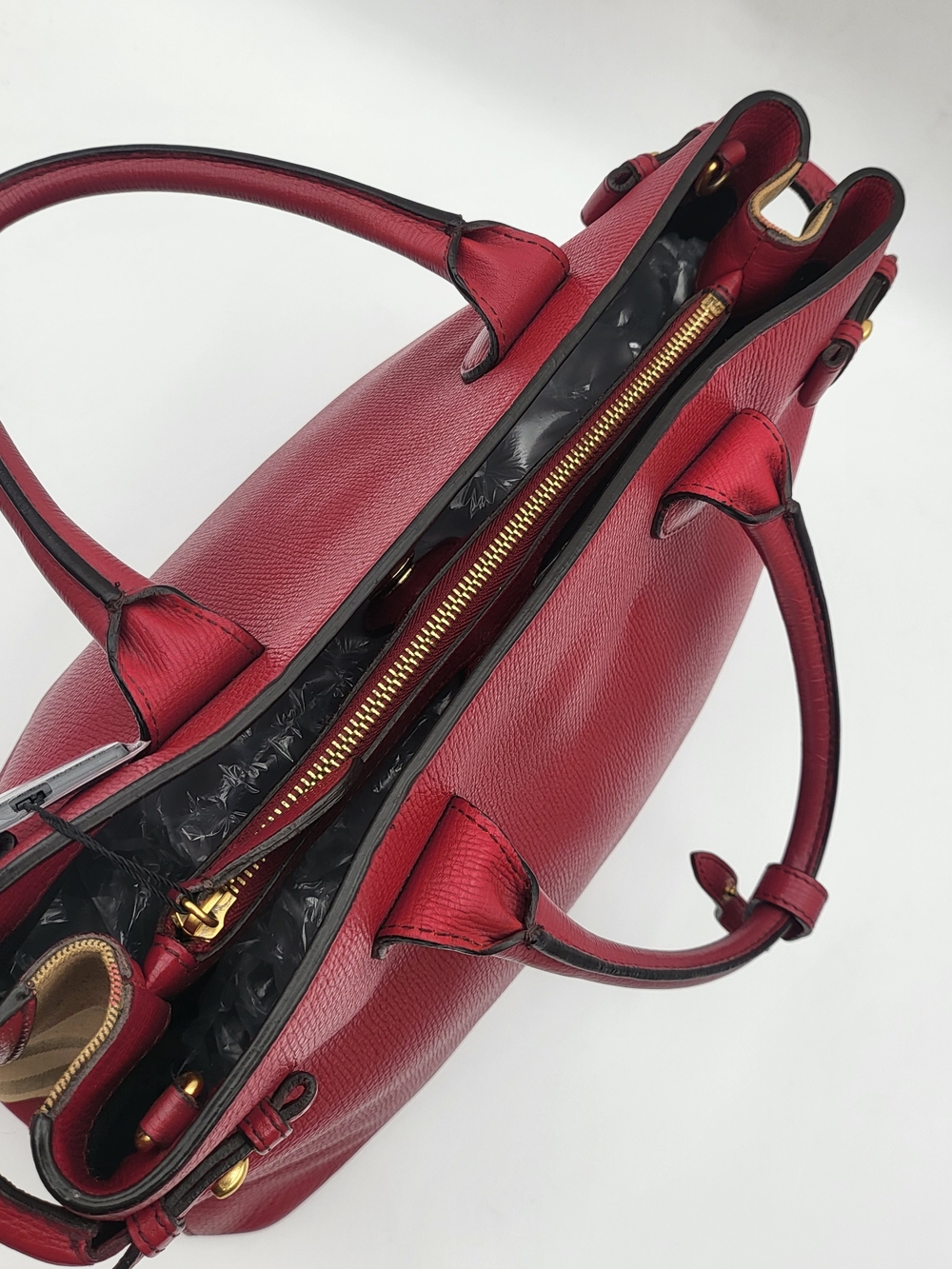 BURBERRY Grainy Calfskin House Check Medium Banner Tote Red, Auth w/COA. - Picture 9 of 16